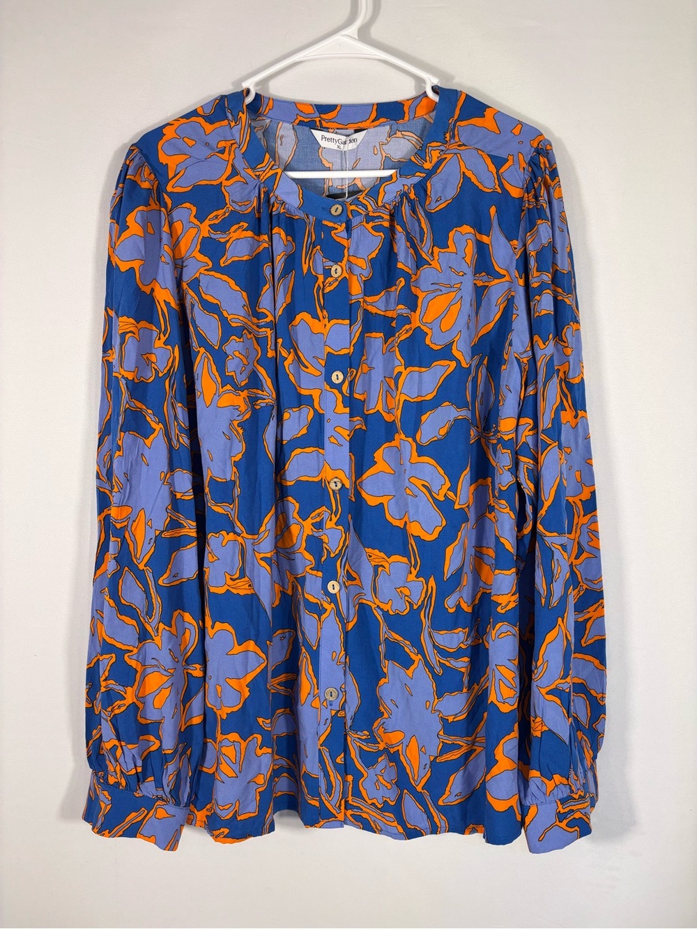 NWT PrettyGarden Blue Orange Floral Button Front Blouse Size XL